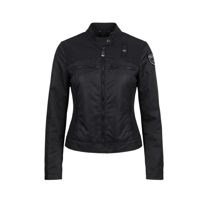 Blauer women black zip turtleneck blazer with sleek matte finish leather motorcycle jacket and reflective zipper accents