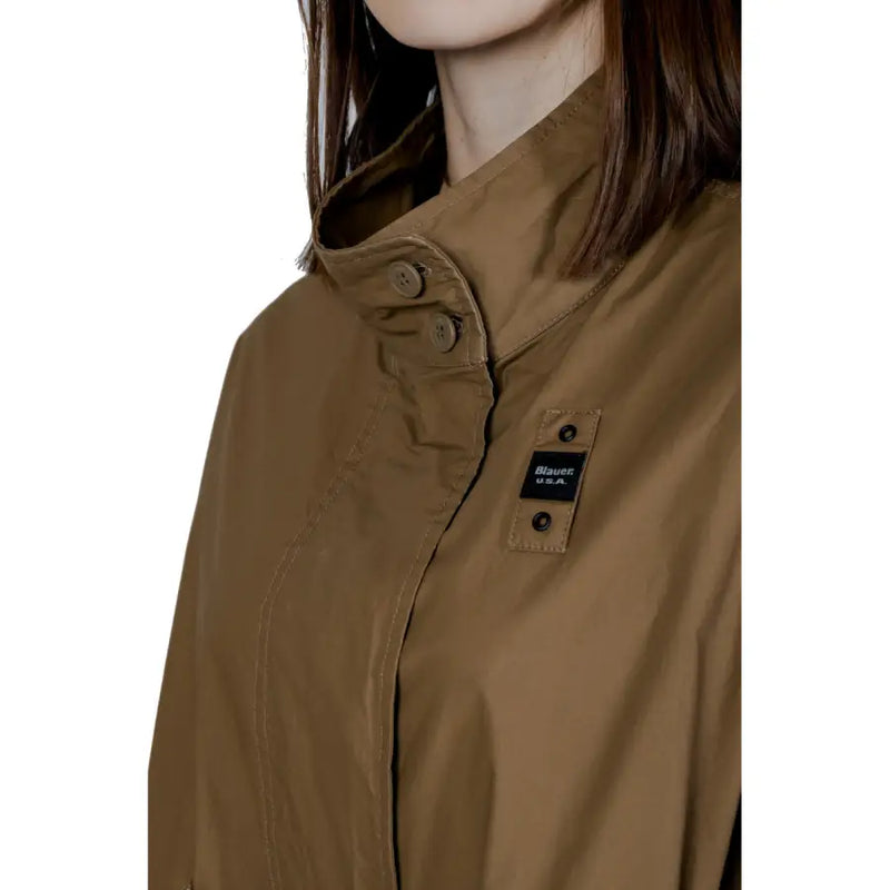 Tan lightweight trench coat with structured collar and button closure in 100 percent cotton for spring summer by blauer women