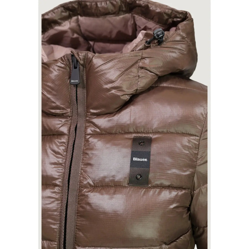 Blauer women brown hooded nylon blazer with shiny metallic finish and quilted puffer design featuring black zipper pulls