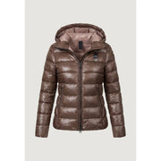 Blauer women brown hooded nylon blazer featuring shiny quilted design with black zipper accents and matching inner lining