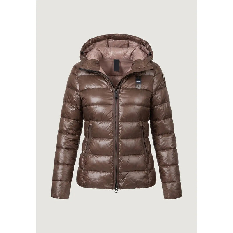Blauer women brown hooded nylon blazer featuring shiny quilted design with black zipper accents and matching inner lining