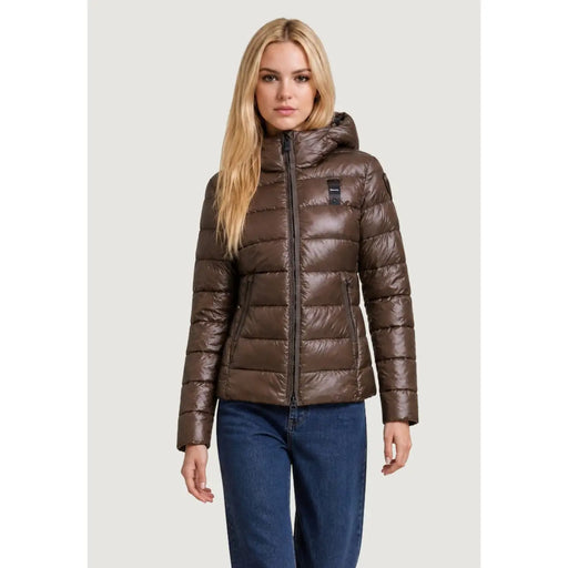 Blauer Braune, gesteppte Nylon-Damenjacke mit Kapuze und schwarzem Reißverschluss zum Schutz vor kaltem Wetter
