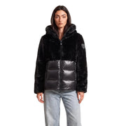 Blauer women brown hooded nylon winter blazer with black faux fur-lined hood and glossy black quilted lower section