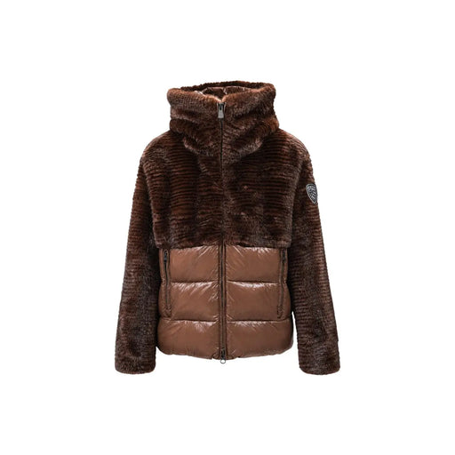 Blauer Brauner Damen-Winterblazer aus Nylon mit Kapuze, braunem Kunstpelzbesatz und Steppjacken-Design
