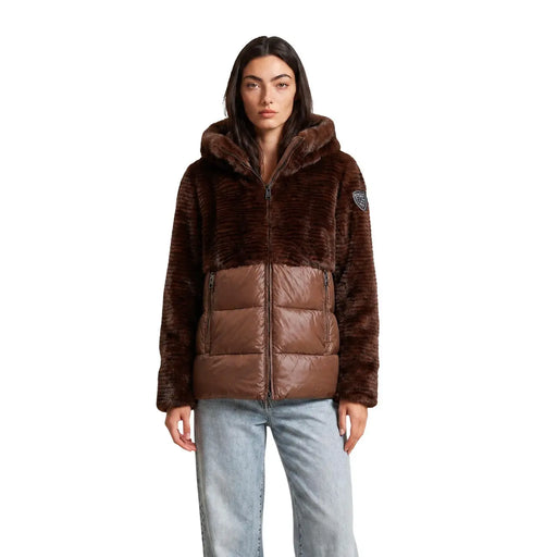 Blauer Brauner Damen-Winterblazer mit Kapuze, braunem Kunstpelz und gesteppten Nylon-Daunenjacken-Details