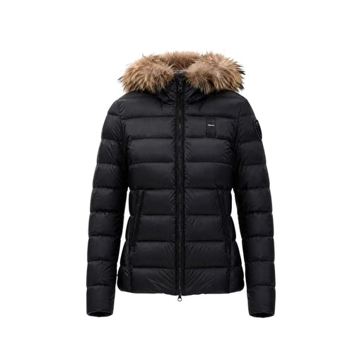 Blauer Schwarzer Damenblazer aus Nylon mit Kapuze, bestehend aus einer gesteppten schwarzen Daunenjacke und einer mit braunem Fell gefütterten Kapuze.