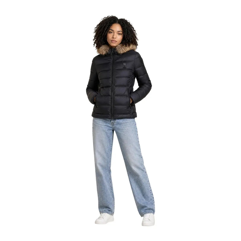 Blauer women black nylon quilted puffer jacket with fur-lined hood for cold weather wear