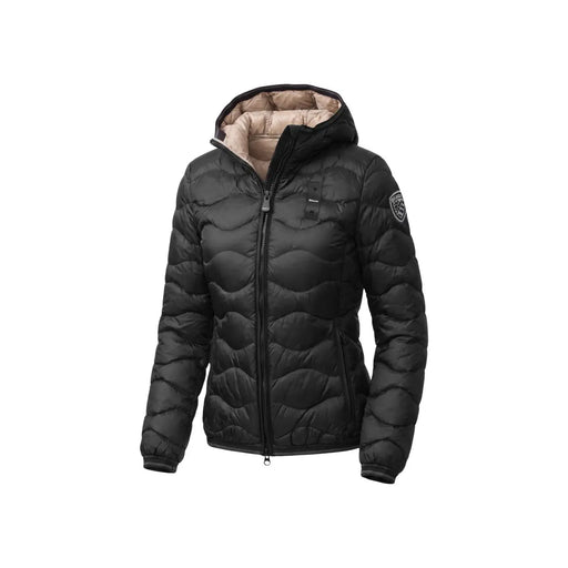 Blauer Damen-Nylonblazer mit Kapuze, schwarz, gesteppte Pufferjacke mit Kapuze und beigefarbenem Innenfutter