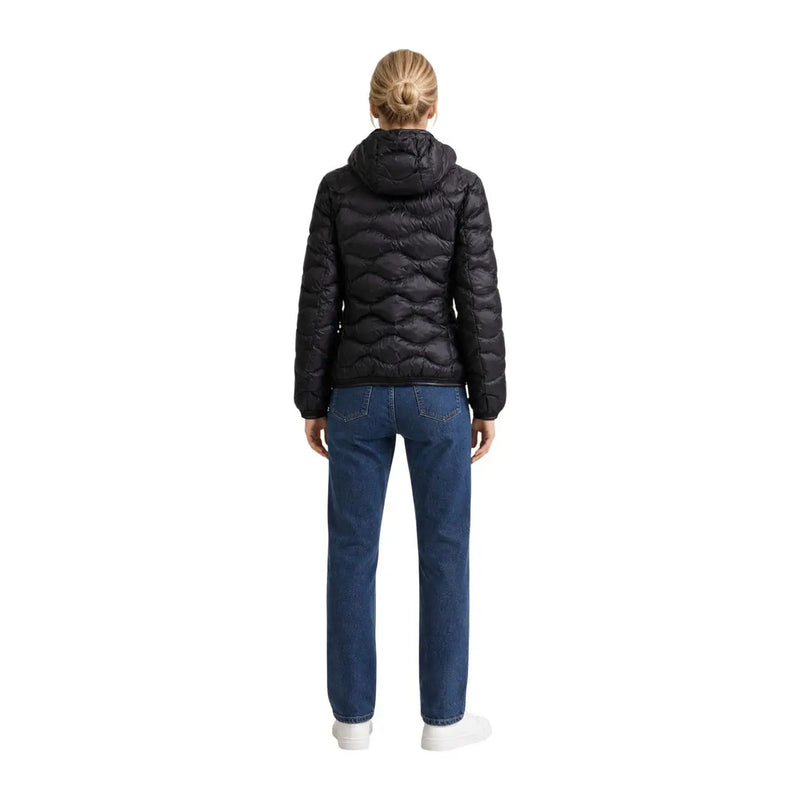Black quilted nylon puffer jacket with hood and zip from Blauer women collection, ideal for cold weather