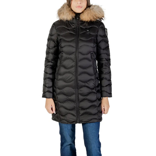 Blauer women padded hooded black nylon jacket with quilted design, tan fur-lined hood, and subtle brand patches