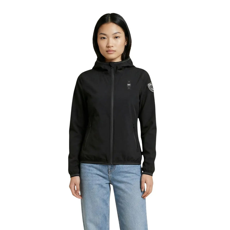 Blauer Weiße Damen-Kapuzenjacke aus schwarzem Nylon-Elastan mit durchgehendem Reißverschluss und dezentem Logo auf Brust und Ärmeln