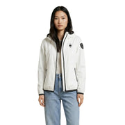 Blauer Weiße Damen-Kapuzenjacke aus Nylon-Elastan mit schwarzem Reißverschlussbesatz und kleinem Aufnäher am linken Ärmel