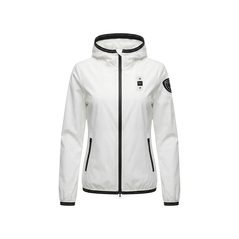 Blauer Weiße Damen-Kapuzenjacke aus Nylon-Elastan mit schwarzem Reißverschlussbesatz und Ärmelaufnäher