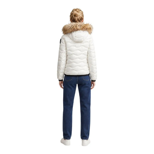 Blauer women white quilted polyester puffer jacket with tan fur-lined hood and hooded blazer style