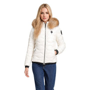 White quilted polyester puffer jacket by Blauer for women with a fur-lined hood and black trim