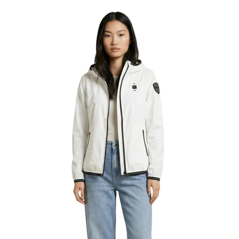 Blauer women white hooded zip jacket with black trim and sleeve patch