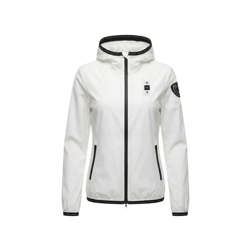 Blauer women white hooded zip jacket with black zipper trim sleeve patch pockets
