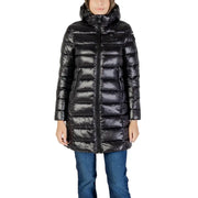 Blauer Schwarze Damen-Steppjacke aus Polyamid mit Kapuze und glänzender Steppstruktur