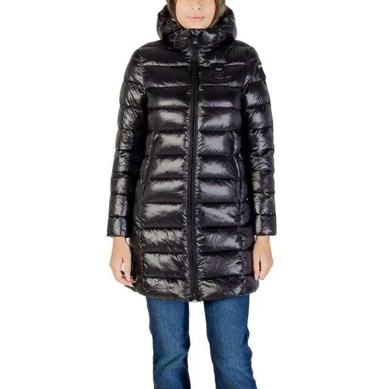 Blauer Schwarze Damen-Steppjacke aus Polyamid mit Kapuze und glänzender Steppstruktur