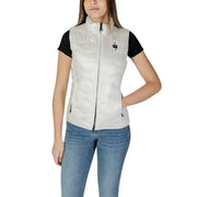 Blauer women’s white quilted puffer turtleneck gilet with black zipper, pockets, and brand patch