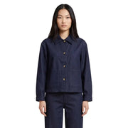 Navy blue cotton blend button-up jacket for women with two front pockets and a collar