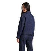 Navy blue cotton blend denim jacket for women with button front closure and classic design