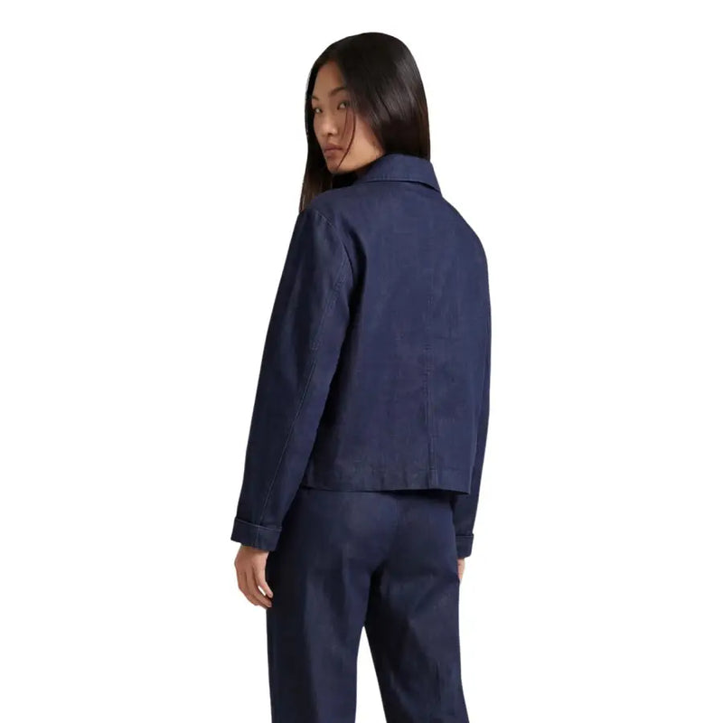 Navy blue cotton blend denim jacket for women with button front closure and classic design