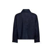 Blue cotton blend button front jacket for women featuring dark blue denim fabric with classic collar and rolled-up cuffs