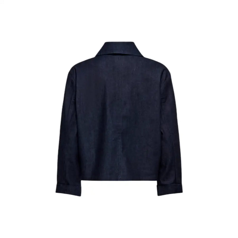 Blue cotton blend button front jacket for women featuring dark blue denim fabric with classic collar and rolled-up cuffs
