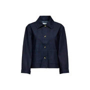 Blue cotton blend button front jacket for women featuring a dark blue denim fabric with classic collar and front buttons