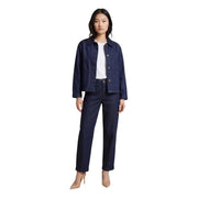 Navy blue cotton blend denim jacket for women with gold tone buttons and flap pockets button front closure