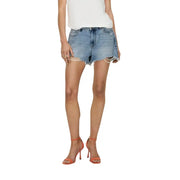 Blue cotton ripped shorts for women featuring light-wash denim with frayed distressed hem and classic five-pocket design