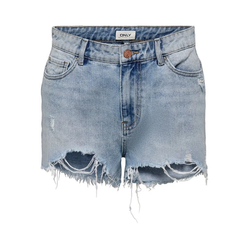 Blue cotton ripped shorts for women featuring light-wash denim with frayed distressed hems and classic five-pocket design