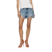Blue cotton ripped shorts for women featuring light-wash denim with frayed distressed hem and classic five-pocket design