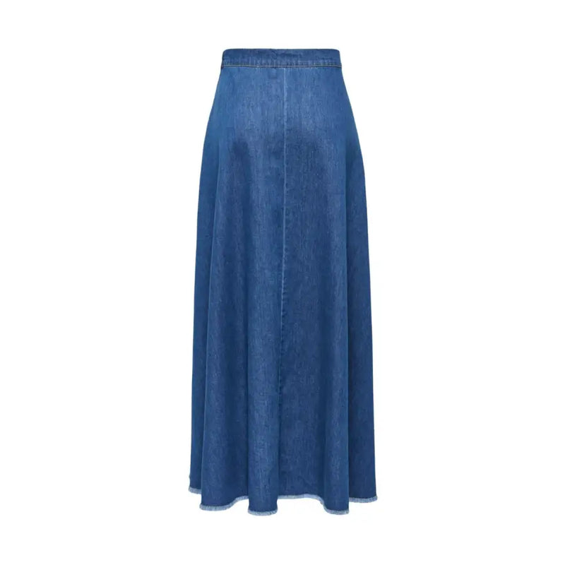 Blue cotton skirt for women spring summer with flowing medium-blue denim maxi design and subtle frayed straight hem