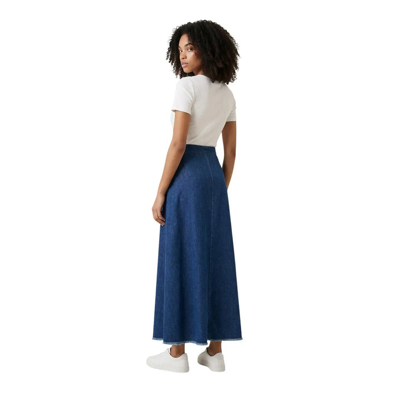 A deep blue cotton denim maxi skirt for women with a high waist and straight hem perfect for spring summer
