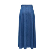 Blue cotton skirt for women spring summer with flowing medium-blue denim maxi design and subtle frayed straight hem