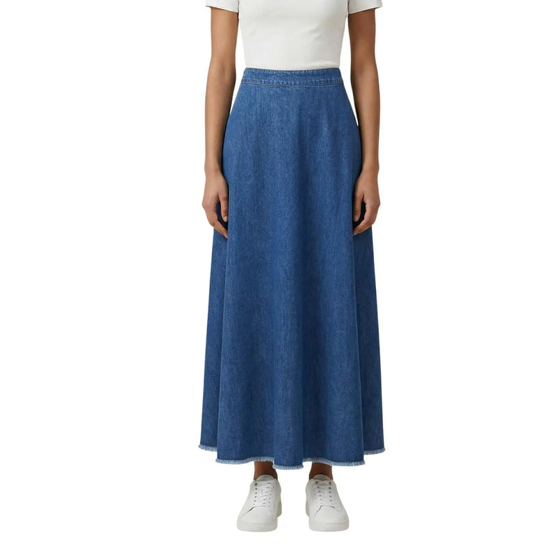 Blue cotton skirt for women spring summer featuring flowing medium-wash denim maxi design with frayed hem