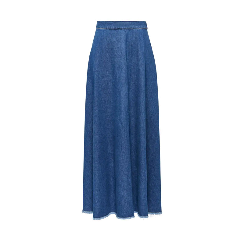 Blue Cotton A-line denim maxi skirt with frayed hem and elastic waistband