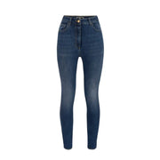 Dark wash blue denim high-waisted skinny jeans displayed on a product page