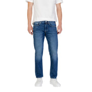 Classic blue denim jeans with a straight-leg cut and subtle fading made from durable cotton denim fabric