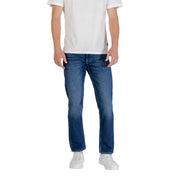 Blue denim jeans classic straight-leg medium-wash with subtle fading and distressed details in denim material