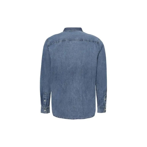 Men Blue Denim Long Sleeved Shirt displayed for stylish men’s casual wear