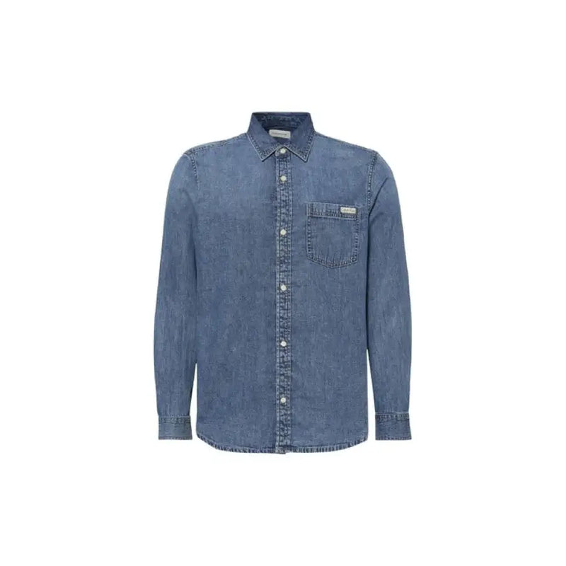 Men Blue Denim Long Sleeve Shirt displayed in a retail store