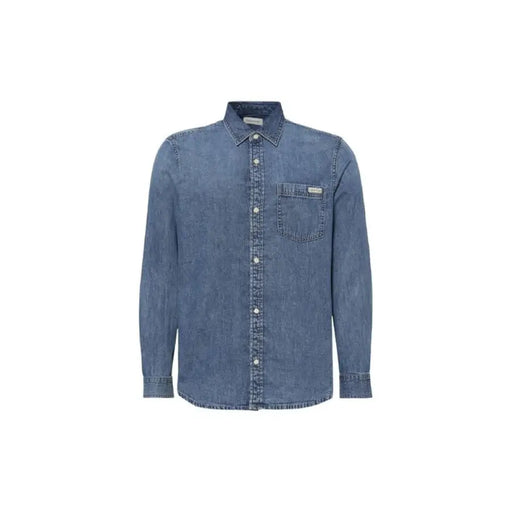 Men Blue Denim Long Sleeve Shirt displayed in a retail store