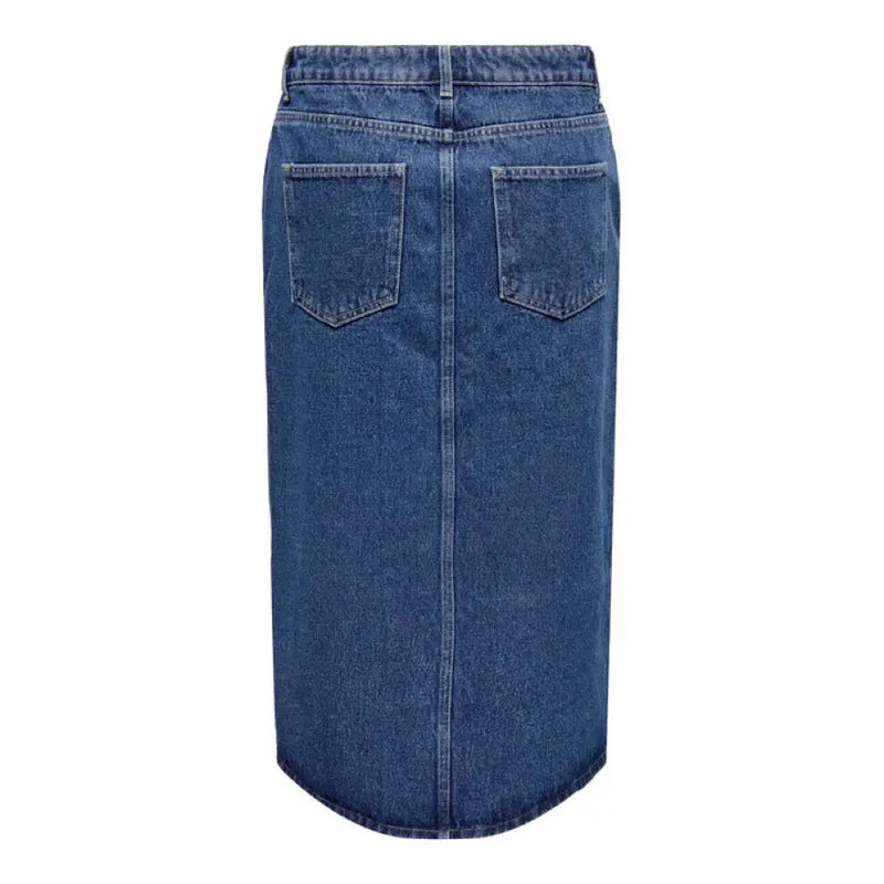 Blue denim midi skirt with front slit, stylish and versatile fashion apparel