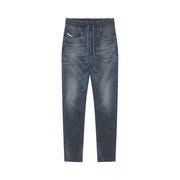 Blue denim drawstring pants with elastic waist displayed in the Gray and Blue Denim Pants product image