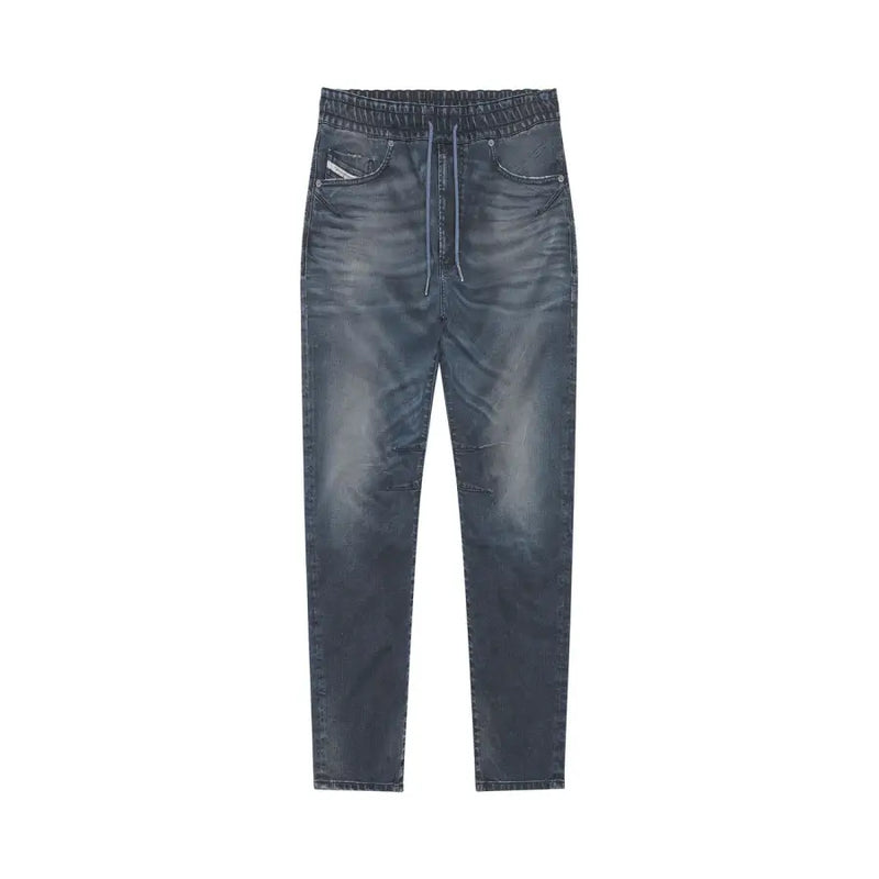 Blue denim drawstring pants with elastic waist displayed in the Gray and Blue Denim Pants product image