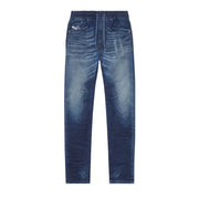 Blue denim jogger and drawstring pants displayed in a product image
