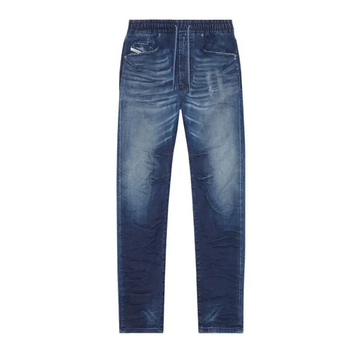 Blue denim jogger and drawstring pants displayed in a product image